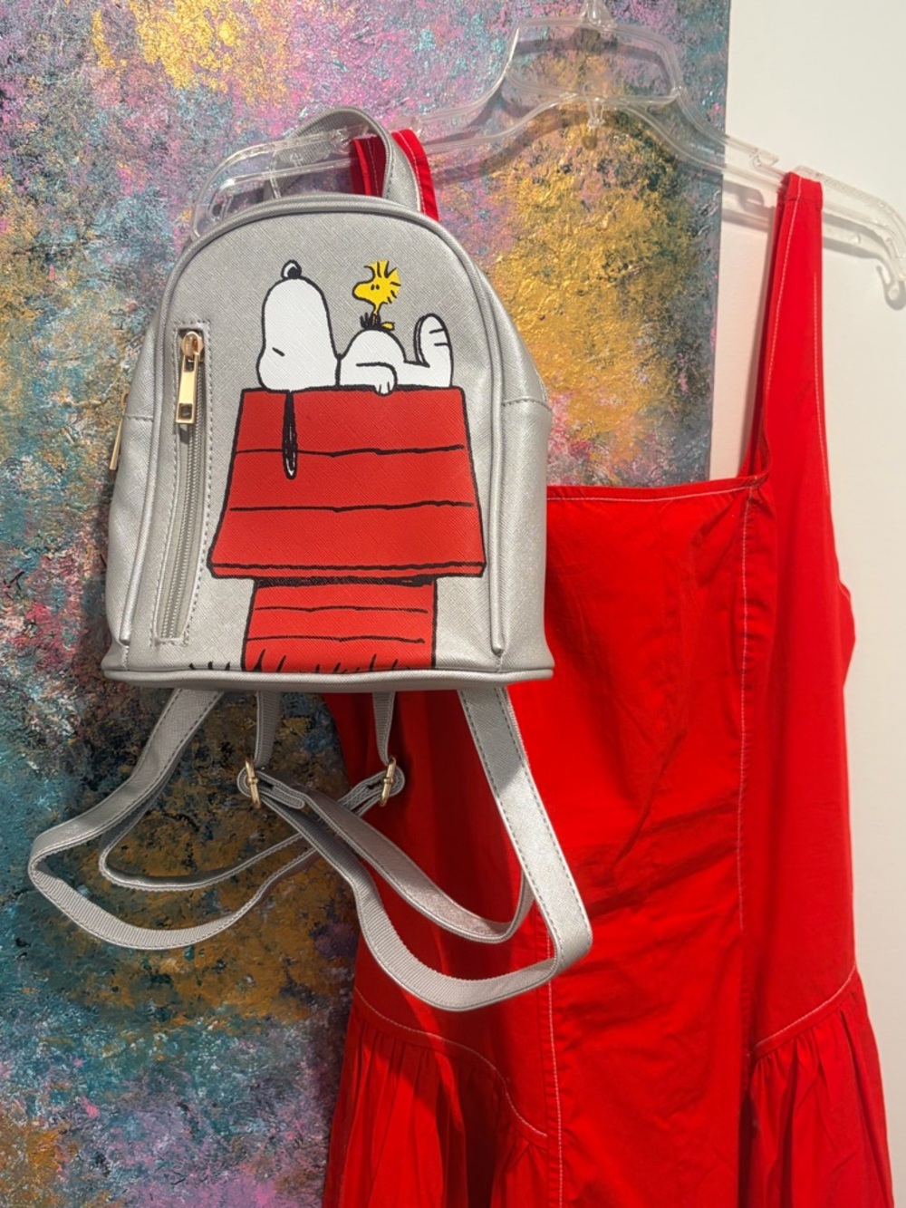 Hot Topic Silver Snoopy & Woodstock Mini Backpack Purse with Gold Hardware